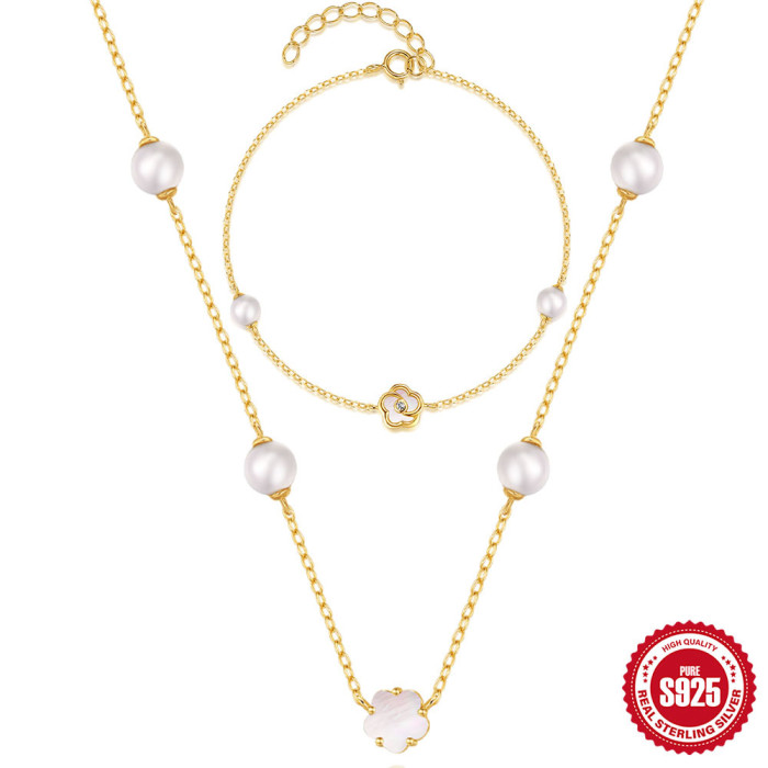 S925 Sterling Silver Pearl Five-Petal Flower White Shell Elegant Necklace Bracelet Set Korean Version Niche High-End Feel Jewelry Accessories