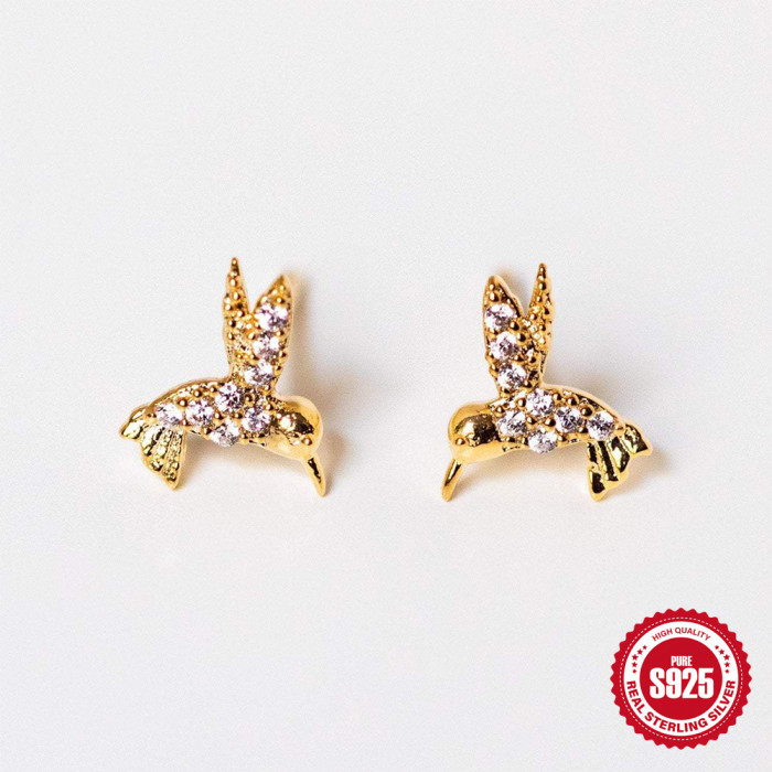 S925 Sterling Silver Fun Diamond-Studded Bird Earrings for Women European and American Fashion Hot-Selling Ins Style Zircon Earrings Jewelry Cross-Border