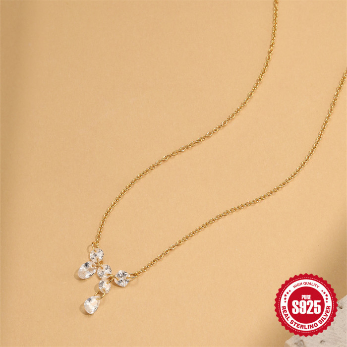 S925 Sterling Silver Geometric Inlaid Zircon Versatile Fashion Collarbone Chain European and American Cross-Border Hot-Selling New Light Luxury Necklace for Women