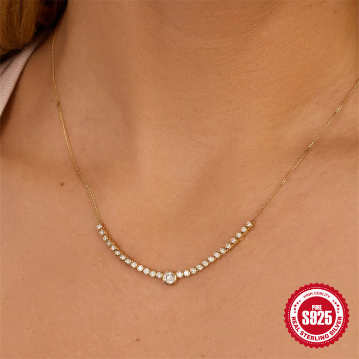 New S925 Sterling Silver Single Row Diamond-Studded Round Collarbone Chain European and American Bestselling Classic Elegant Versatile High-End Necklace