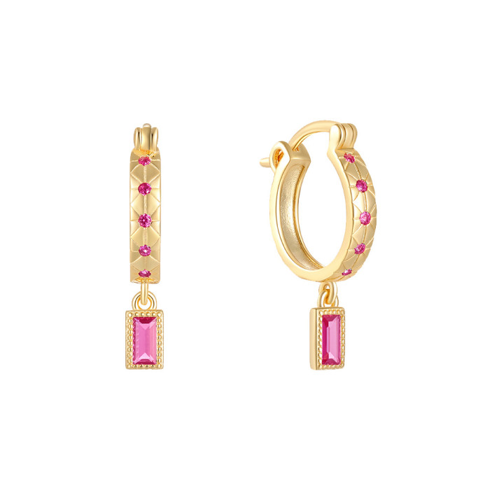 S925 Sterling Silver Colorful Zircon Earrings for Women European and American Fashion Cross-Border Ins Style Square Earrings Hoop Earrings Jewelry