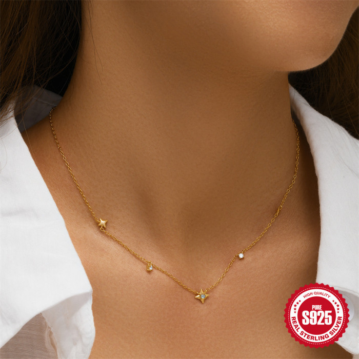 S925 Sterling Silver Four-Pointed Star Inlaid with Diamond Opal Australian Opal Women's Layered Collarbone Chain Korean Version Niche Design Necklace
