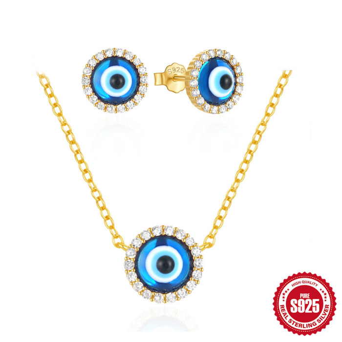 S925 Sterling Silver Classic Evil Eye Earrings Necklace Set Accessories European and American Hot-Selling Earrings Versatile Collarbone Chain for Women