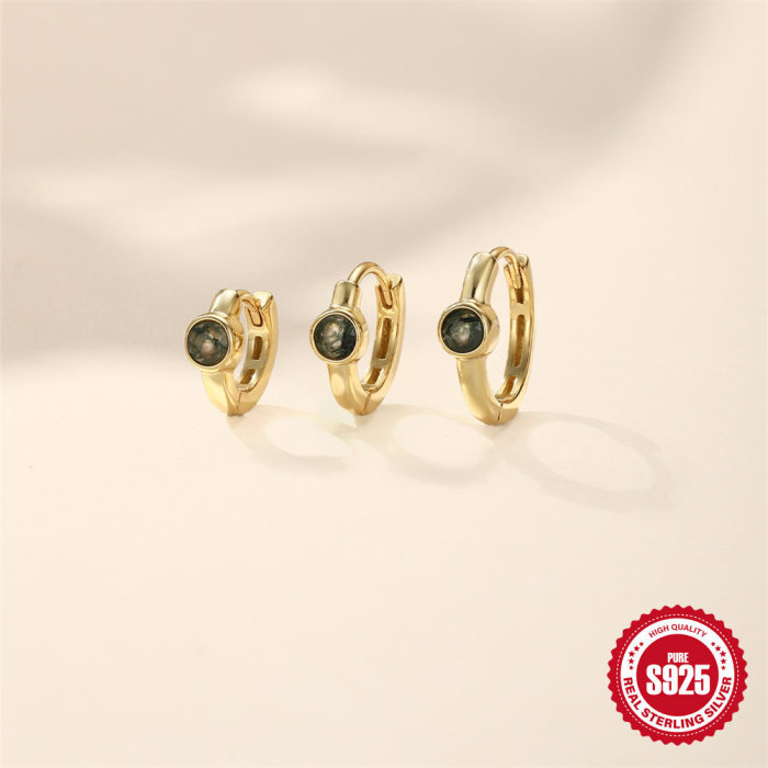 S925 Sterling Silver Light Luxury Natural Moss Agate Elegant Hoop Earrings Korean Style Niche Classic Hot-Selling Hig...