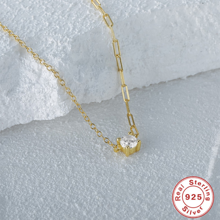 S925 Sterling Silver New Four-Claw Inlaid Diamond Irregular Collarbone Necklace European and American Hot-Selling Creative Paperclip INS Necklace