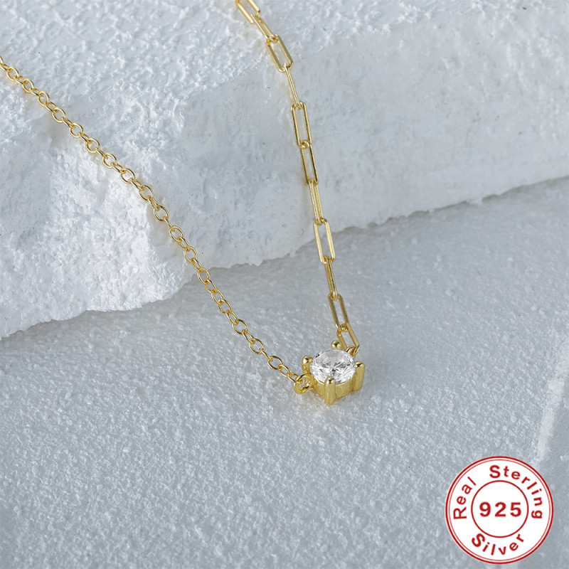S925 Sterling Silver New Four-Claw Inlaid Diamond Irregular Collarbone Necklace European and American Hot-Selling Creative Paperclip INS Necklace