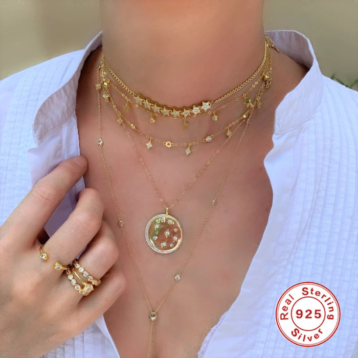 S925 Sterling Silver New Five-Pointed Star Inlaid Diamond Pendant Collarbone Necklace Korean and Japanese Style Elegant Personality K-Gold Plated Light Luxury Necklace
