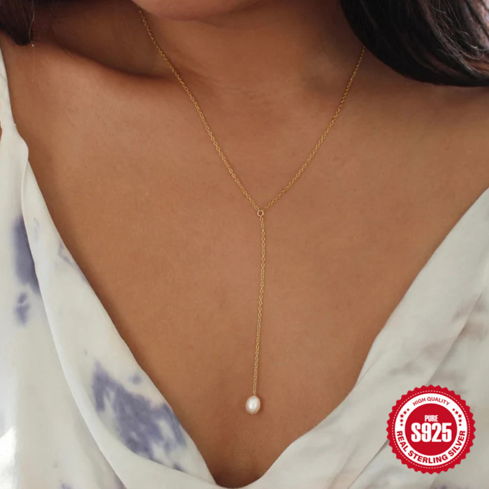 S925 Sterling Silver Y-shaped Pearl Collarbone Necklace for Women Korean Style Elegant Personality Internet Celebrity...