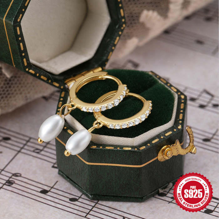 S925 Sterling Silver Light Luxury Elegant Diamond-Studded Pearl Hoop Earrings Ear Clips European and American Hot-Selling TikTok Same Style Pearl Earrings