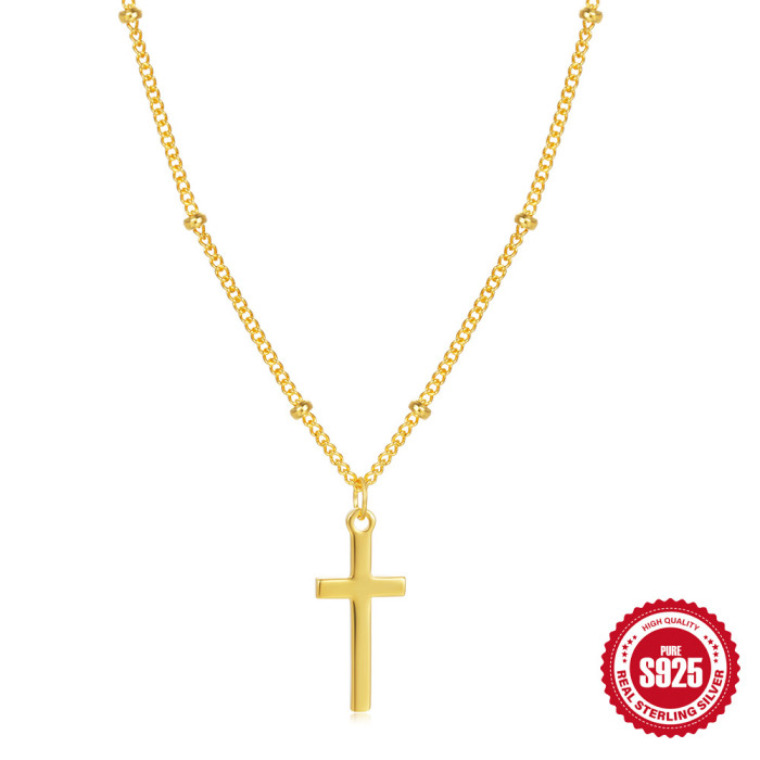 New 925 Sterling Silver Pearl Chain Cross Pendant Collarbone Chain European and American Cross-Border Hot Selling INS Minimalist Style Necklace for Women