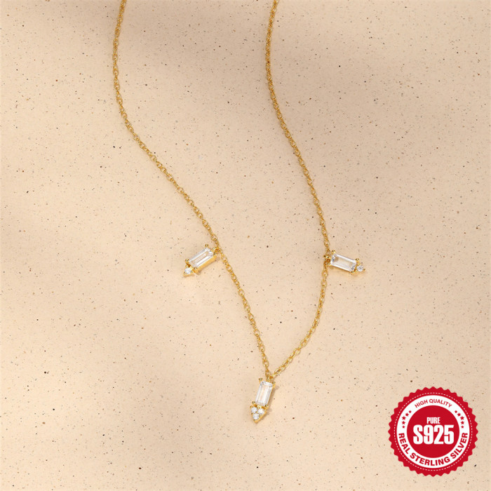 New S925 Sterling Silver Layered Square Diamond Inlaid Clavicle Necklace European and American Hot-Selling Elegant Personality Ins Style Clavicle Chain