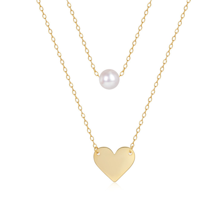 S925 Sterling Silver Double Layer Stacked Pearl Heart Necklace Internet Celebrity Hot Sale Same Style Elegant Niche High-end Clavicle Chain