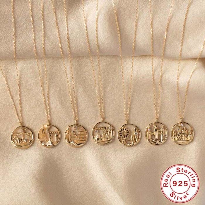S925 Sterling Silver Personalized Creative City Pendant Necklace for Women Collarbone Necklace European and American French Style Inlaid Diamond Elegant Necklace