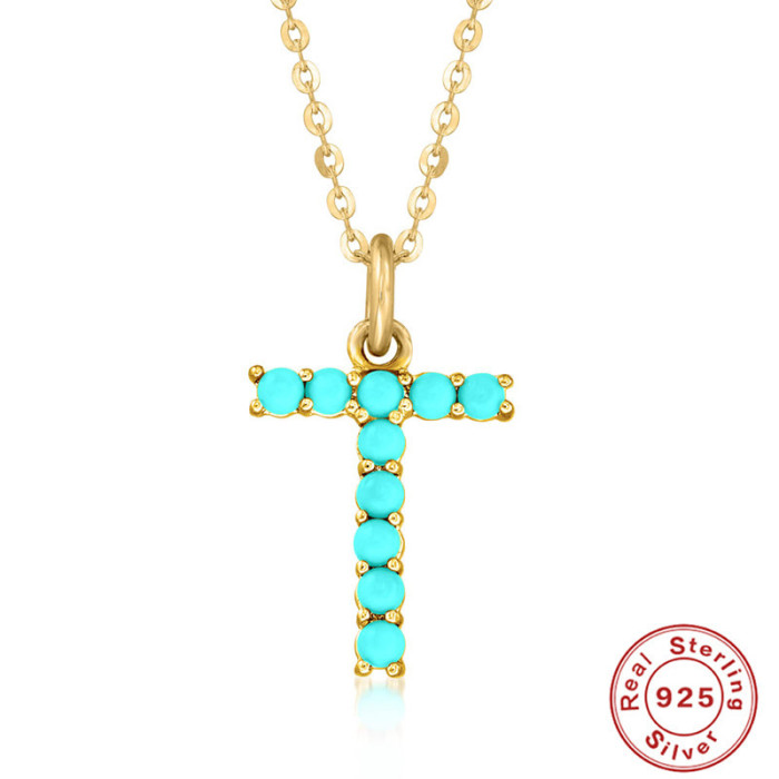 S925 Sterling Silver 26 Letter Necklace Style High-end Natural Turquoise Initial Letter Necklace Collarbone Chain