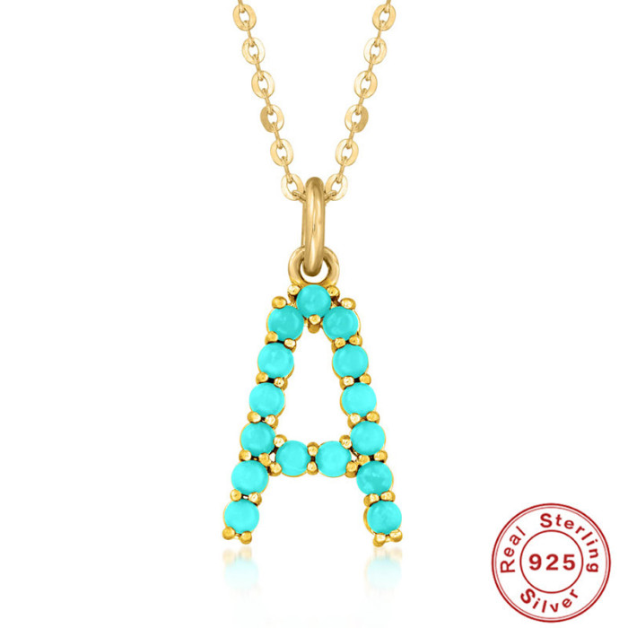 S925 Sterling Silver 26 Letter Necklace Style High-end Natural Turquoise Initial Letter Necklace Collarbone Chain