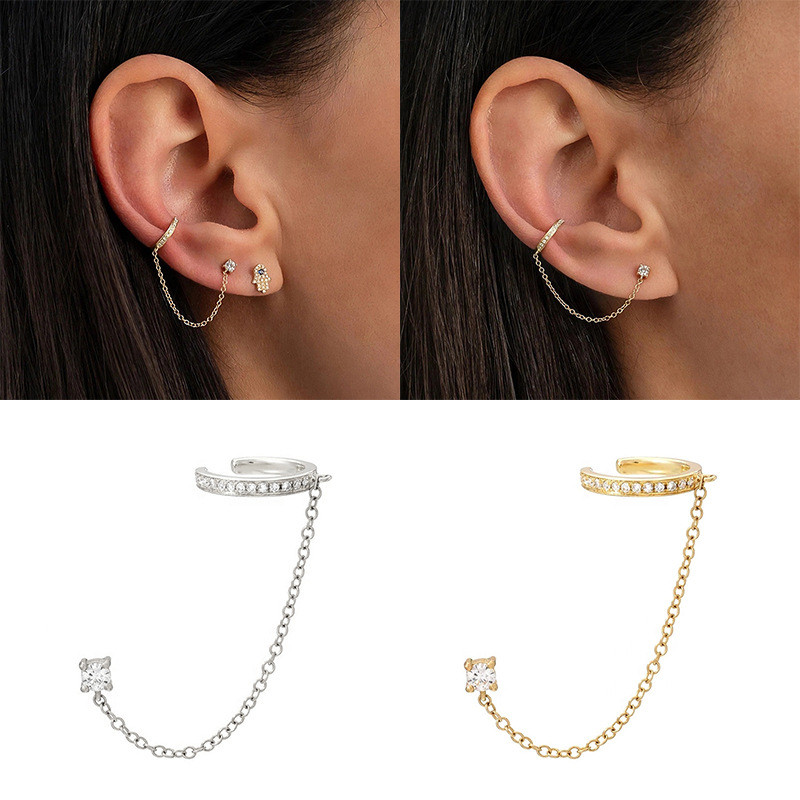 S925 Sterling Silver Single Row Diamond-Studded Non-Pierced Ear Clip Tassel Single Diamond Stud Earrings Creative Personality Trendy Ear Cuff Earrings