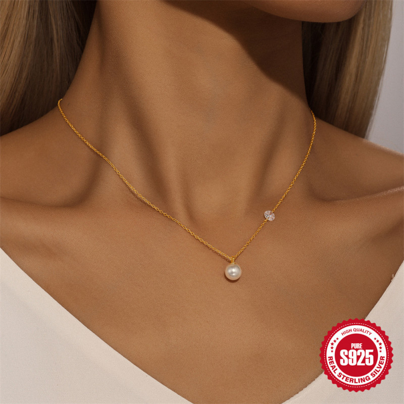 S925 Sterling Silver Single Diamond Inlaid Pearl Elegant French Style Collarbone Chain European and American Cross-Border Hot-Selling Niche High-End Necklace