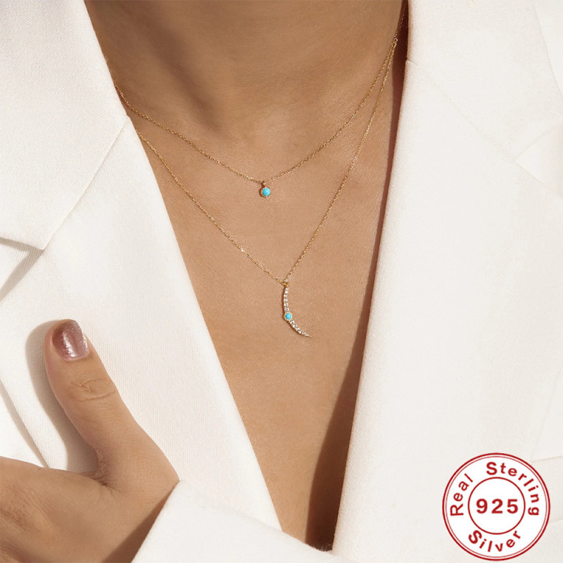 S925 Sterling Silver Turquoise Moon Fan-shaped Pendant Clavicle Chain European and American French Style INS High-end Necklace Jewelry