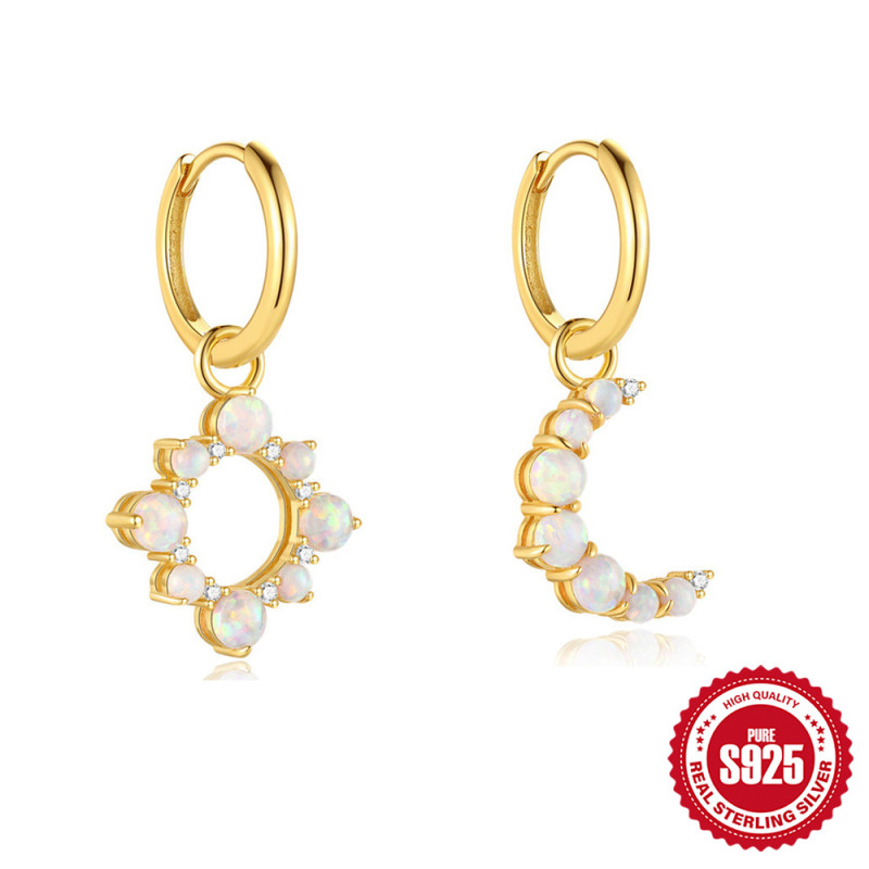 New S925 Sterling Silver Hot-Selling Opal Sun Moon Hoop Earrings Korean Style Simple Exquisite Versatile High-End Earrings Jewelry