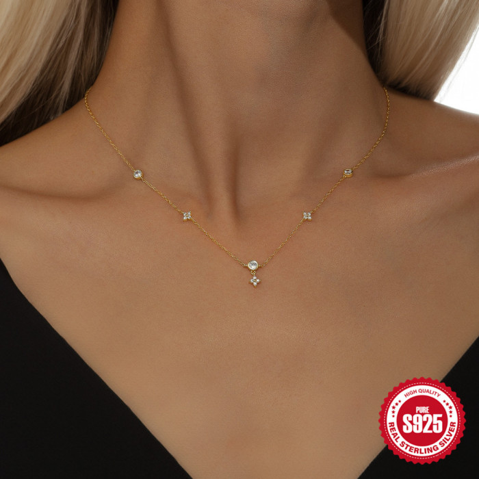 S925 Sterling Silver Flower Inlaid Diamond Layered Collarbone Necklace for Women, European and American Cross-Border Hot-Selling Elegant Versatile Jewelry