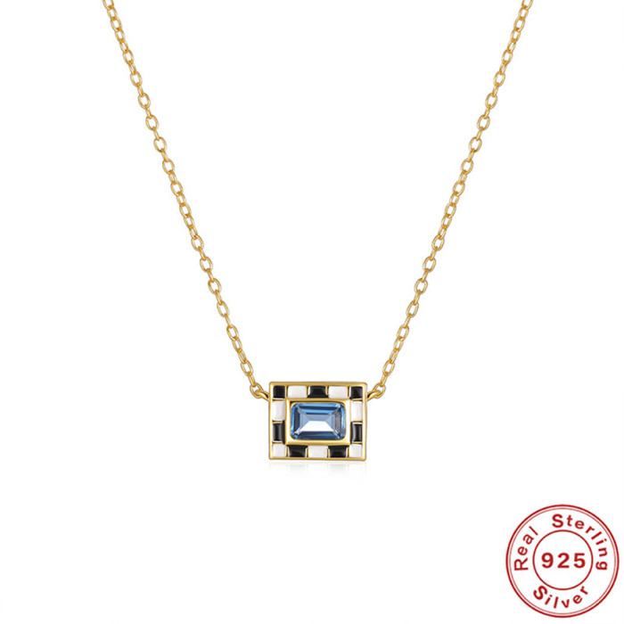 S925 Sterling Silver Checkerboard Water Drop Imitation Enamel Oil Drop Inlaid Diamond Collarbone Necklace European and American INS Creative Style Collarbone Chain