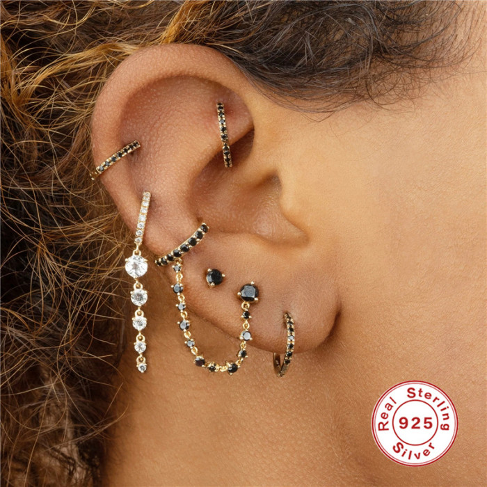 New S925 Sterling Silver Round Black Fully Stone-Set Ear Cuff Hoop European American Personality Trendy Cool Girl Earrin...