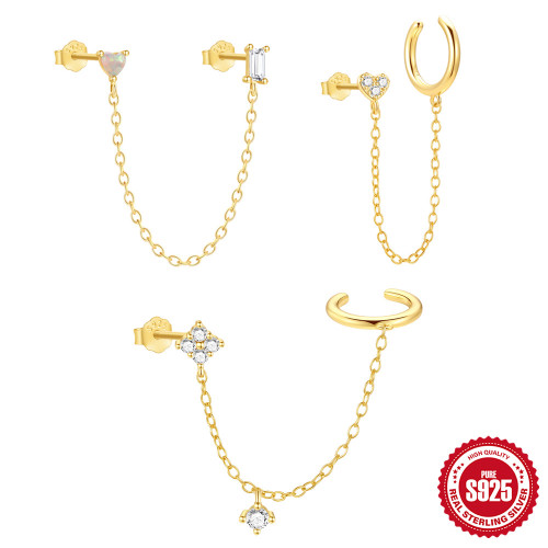 S925 Sterling Silver Classic Heart Opal Zircon Chain Double Earrings Ear Clips European and American Hot Selling Diamond-Studded Elegant Earrings for Women
