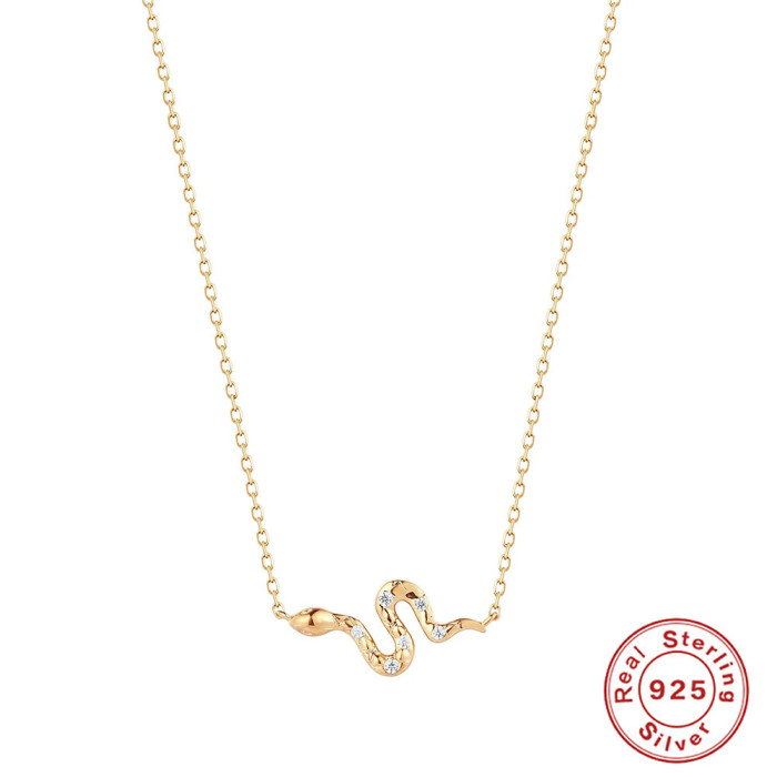 S925 Sterling Silver INS Style Simple Fun Inlaid Diamond Snake Necklace European American French Style Personality Creative Clavicle Chain