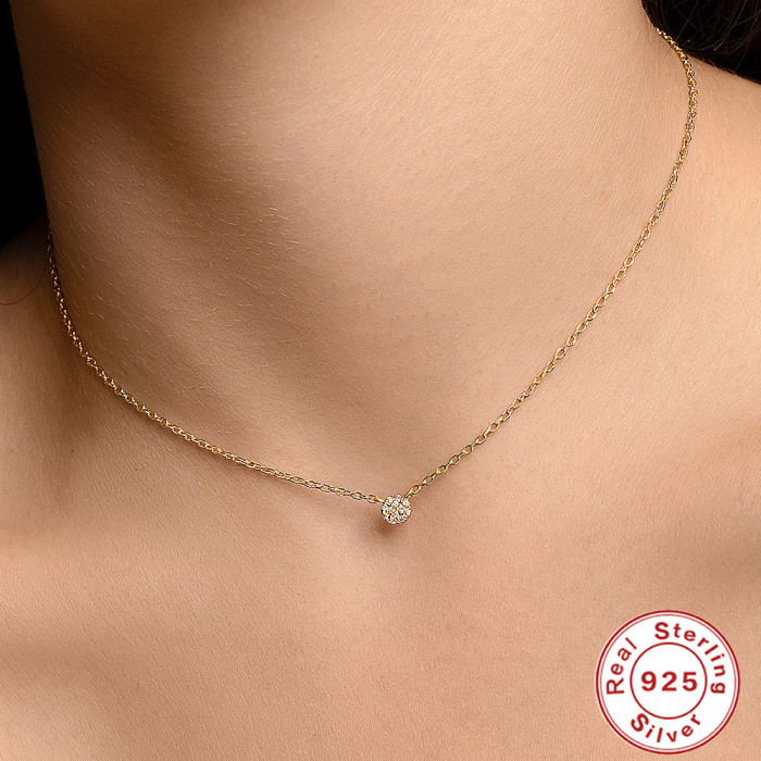 S925 Sterling Silver Classic Versatile Round Pendant Diamond-Studded Collarbone Necklace European and American Hot-Selling Fashion Simple Ins Style Collarbone Chain