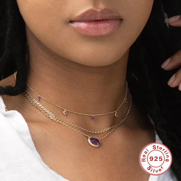 S925 Sterling Silver Exquisite Amethyst Light Luxury Elegant Collarbone Necklace European and American French Style INS Creative Versatile Necklace