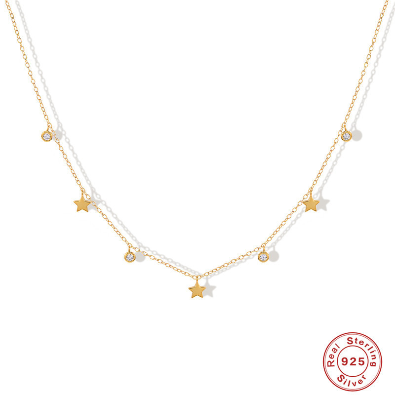 S925 Sterling Silver New Five-Pointed Star Inlaid Diamond Pendant Collarbone Necklace Korean and Japanese Style Elegant Personality K-Gold Plated Light Luxury Necklace