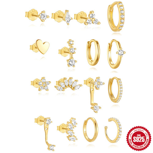 S925 Sterling Silver Geometric Inlaid Diamond Elegant Trendy Hoop Earrings Stud Set European and American Hot Selling INS Personality Earrings Jewelry