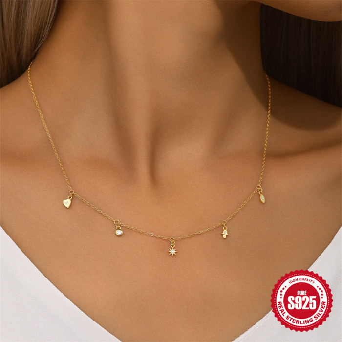 S925 Sterling Silver Geometric Octagonal Star Layered Stone-Studded Collarbone Necklace Hot-Selling Classic Devil's...