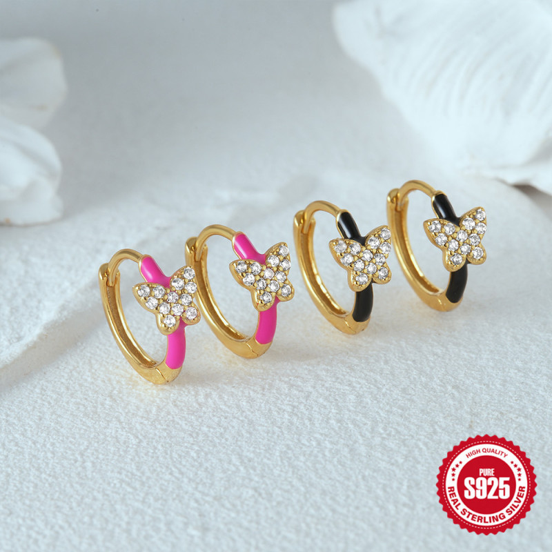 New 925 Sterling Silver Fun Butterfly Inlaid Diamond Colorful Oil Drop Hoop Earrings European and American Hot Selling Enamel Earrings
