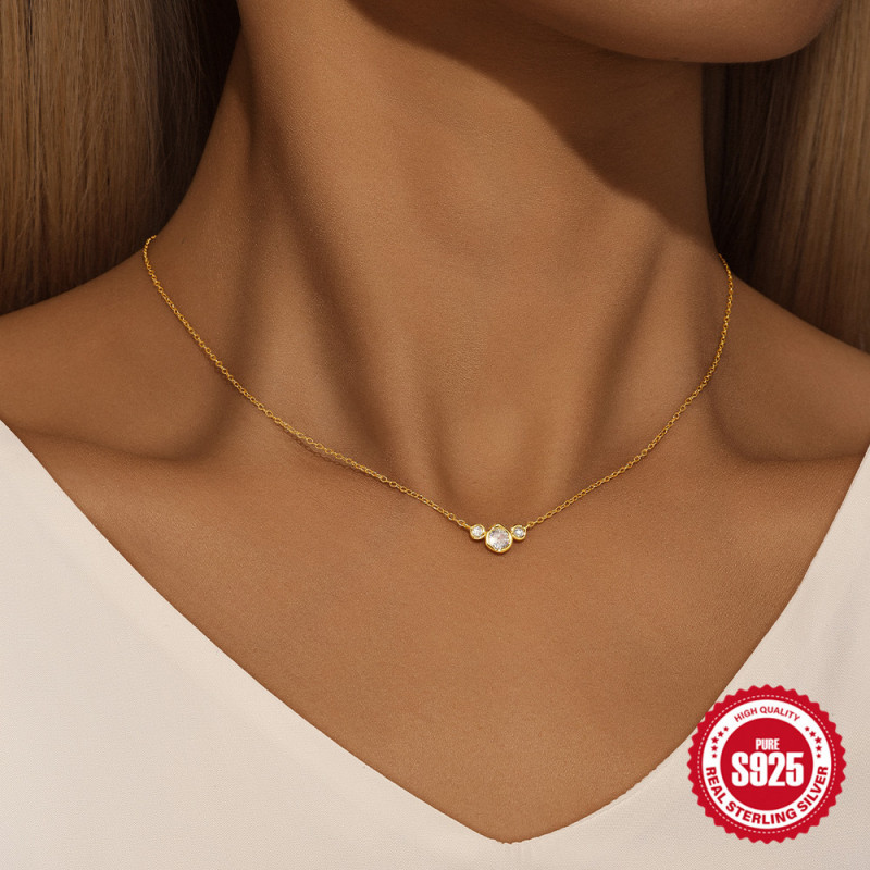 S925 Sterling Silver Personalized Large and Small Diamond Stacked Necklace Elegant Collarbone Necklace Korean Style Internet Celebrity Same Style Summer Versatile Necklace