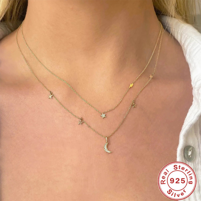 S925 Sterling Silver Small Clear Inlaid Diamond Five-Pointed Star Lightning Collarbone Necklace Korean and Japanese TikTok Same Style Inlaid Diamond Exquisite Necklace
