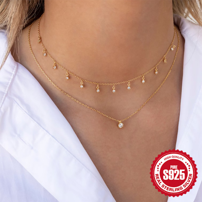 New S925 Sterling Silver Single Diamond Pendant Versatile Fashion Collarbone Chain Korean Style Elegant Niche Design Inlaid Diamond Necklace