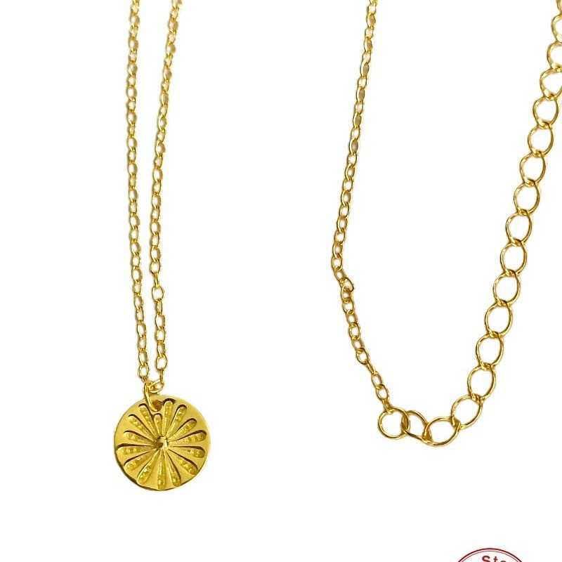 S925 Sterling Silver Fireworks Totem Round Pendant Collarbone Necklace European and American Cross-Border French Style INS Collarbone Chain Jewelry