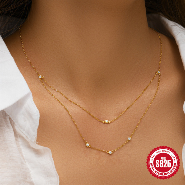 S925 Sterling Silver Double Layer Stacked Zircon Versatile Trendy Ins Collarbone Chain European and American Hot Selling French Style Elegant Necklace