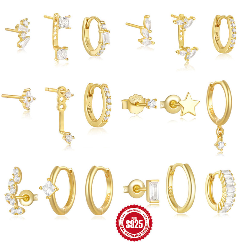 925 Sterling Silver Diamond-Studded Elegant INS Minimalist Hoop Earrings Stud Earrings Jewelry Set European and American Hot-Selling Niche Design Earrings