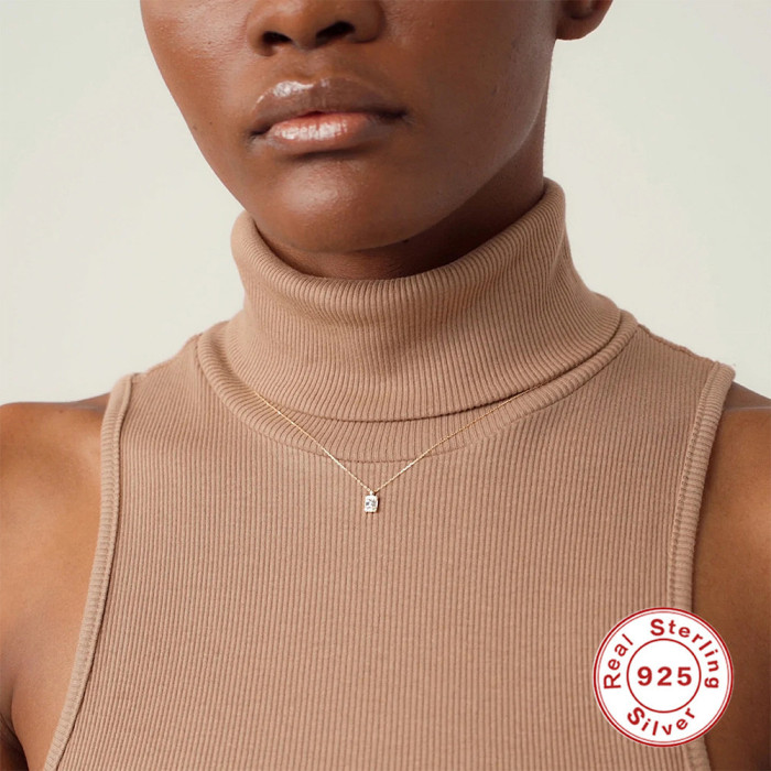 S925 Sterling Silver Square Pendant with Stone-Inlaid Elegant Commuting Collarbone Necklace Fashion Simple Ins Sty...