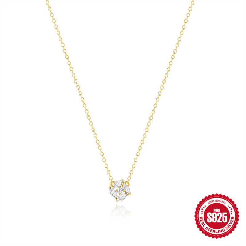 S925 Sterling Silver Rose Flower Inlaid Diamond Round Ring Fashion Versatile Necklace European and American Cross-Border Hot-Selling Classic Marquise Collarbone Chain