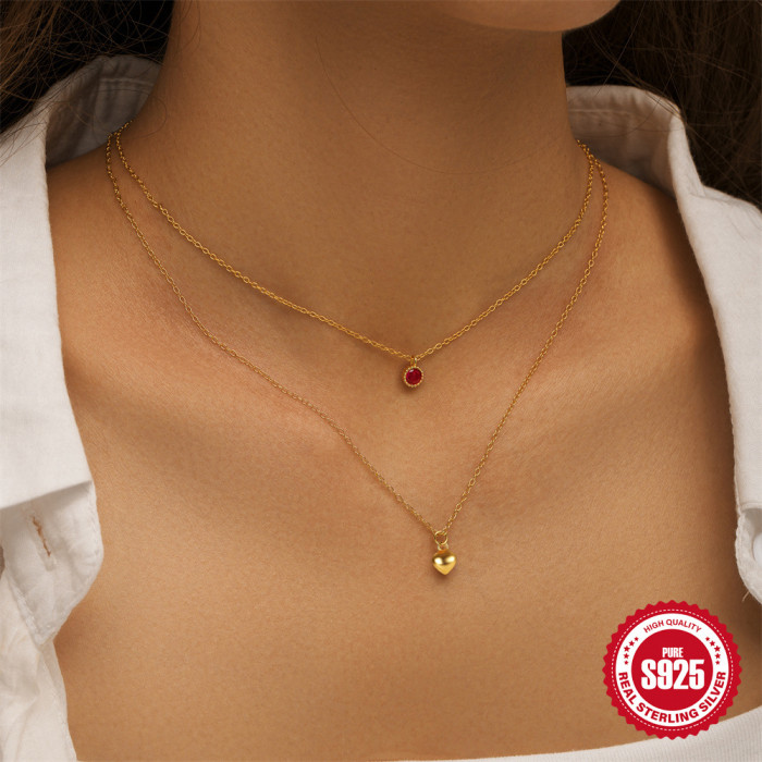 S925 Sterling Silver Double Layer Stacked Heart Diamond-Encrusted Women's Necklace European and American Style Passionate Temperament Light Luxury High-End Clavicle Chain