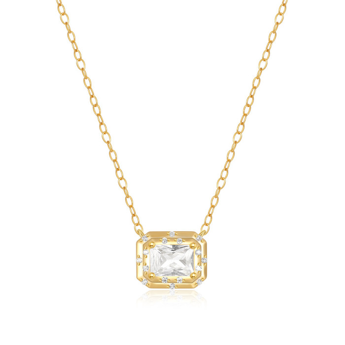 New S925 Sterling Silver Personality Geometric Square Inlaid Diamond Light Luxury Collarbone Chain Korean Version Niche Design Sense Necklace