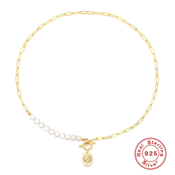 S925 Sterling Silver Paperclip Chain Pearl Sunflower Pendant Collarbone Necklace Internet Celebrity Street Style Personality K Gold Plated Necklace