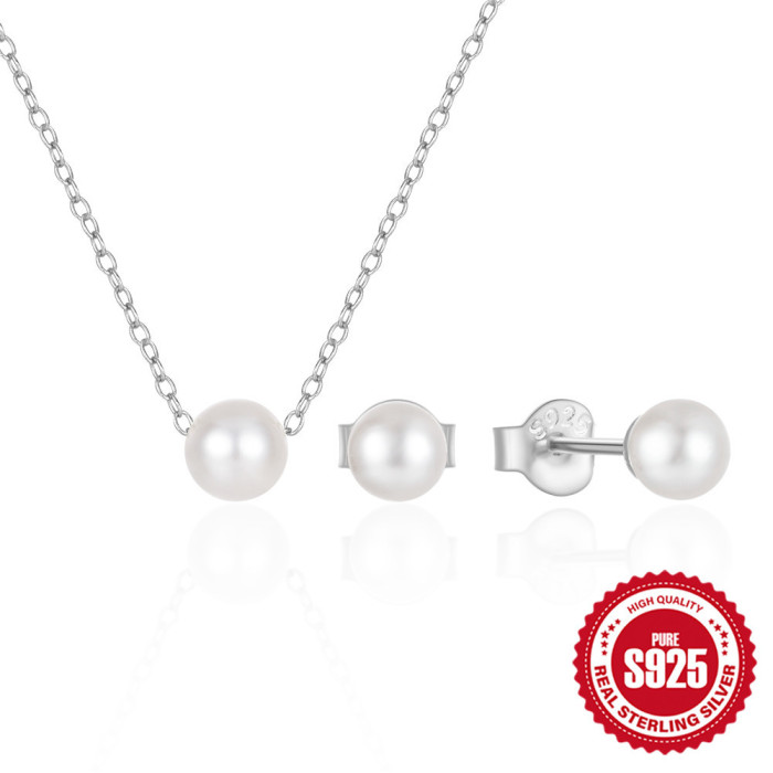 New 925 Sterling Silver Pearl Earrings Necklace Set Clavicle Chain Korean and Japanese Style Internet Celebrity Elegant High-end Accessories Jewelry for Women