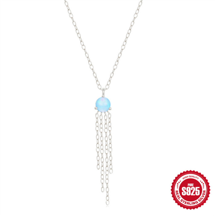 New S925 Sterling Silver High-End Australian Opal Tassel Collarbone Chain Korean French Niche Design INS Necklace for Women