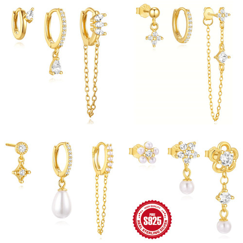 S925 Sterling Silver Irregular Geometric Petal Tassel Diamond Stud Earrings Set European and American Light Luxury Pearl Earrings for Women