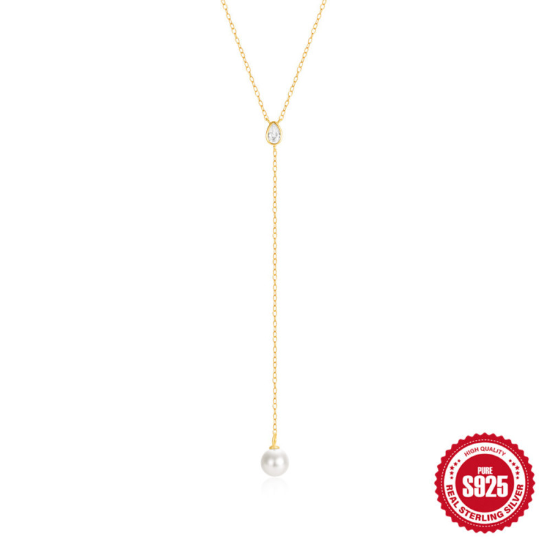 S925 Sterling Silver Y-shaped Diamond-studded Pearl Collarbone Necklace European and American French Style Elegant Luxury High-end Necklace Accessory