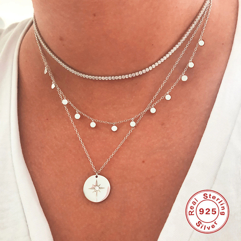 S925 Sterling Silver Round Pendant Octagonal Star Inlaid with Diamonds Women's Necklace Korean Version Light Luxury Niche High-end Small Round Pendant Collarbone Necklace